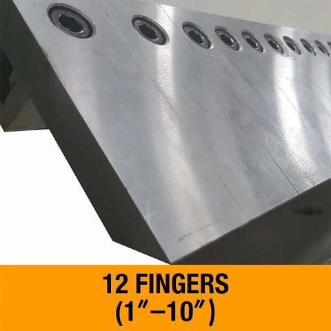 Close-up of 12 fingers on the 50 Inch Box And Pan Brake for 14 Gauge Mild Steel, highlighting adjustable features for precise bends.