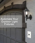 120V Dusk Till Dawn Outdoor Photocell Sensor With Wall Plate included beside a garage light on a brick wall for auto light control