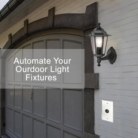 120V Dusk Till Dawn Outdoor Photocell Sensor With Wall Plate included beside a garage light on a brick wall for auto light control