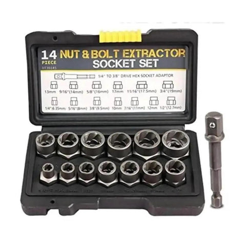 Heavy Duty 3/8 Inch Drive Impact Bolt Nut Extractor Kit With 13 Pcs Lug Remover Twist Socket Tool For Rusted Stuck Fasteners And Anti Rust Coating That Works Like Magic, 14-piece case