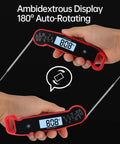 Digital Meat Thermometer For Cooking With Instant Read In Under One Second And Nine Tenths Fahrenheit Accuracy With Thermocouple Sensor IP67 Waterproof No Fuss Auto Rotating Display Auto Wake Up Red showing ambidextrous auto-rotating display.