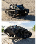 1:16 Large RC Tank Car With 2.4G Anti Interference Remote on rocky terrain, LED lighting on, showing dual motors and tracks action.