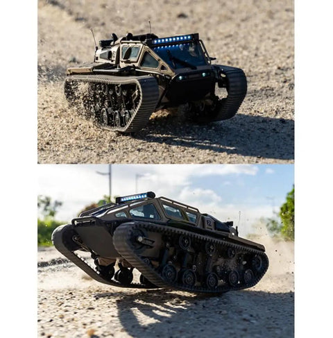 1:16 Large RC Tank Car With 2.4G Anti Interference Remote on rocky terrain, LED lighting on, showing dual motors and tracks action.