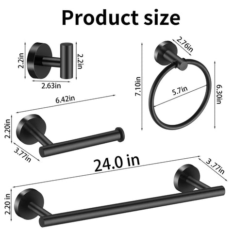 Dimensions of Matte Black 10 Piece Bathroom Hardware Set Includes Two 24 Inch Towel Bars A Towel Ring A Toilet Paper Holder And Four Robe Hooks Rustproof Metal Bath Accessories For A Modern Home Upgrade shown