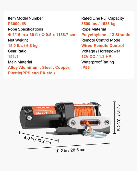 VEVOR 3500 Lb Electric Winch 12V DC For Boat Pickup Truck with 39 Ft synthetic rope and aluminum fairlead shown from side view.