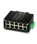 Front view of Industrial 10 Port Gigabit Ethernet Switch With 10 100 1000BaseT RJ45 Ports DIN Rail Mount Unmanaged 12 48V DC, black design.