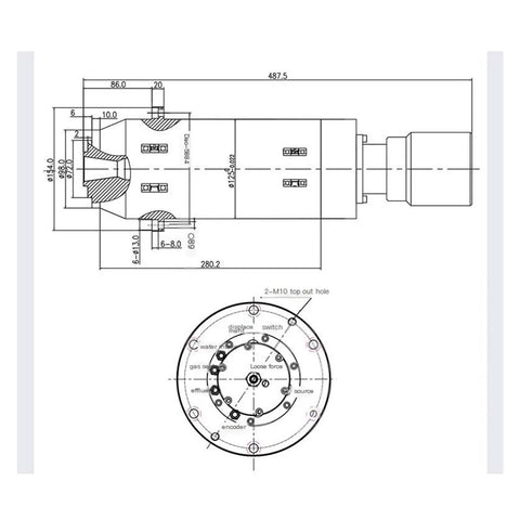Technical drawing of Water Cooled Automatic Tool Changer Spindle BT30 Workhorse CNC Machine Tool with dimensions.