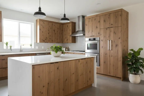 Modern kitchen featuring sleek design with wood cabinetry and white countertops, showcasing Top Shelf Saddlewood Reactive Interior Wood Stain Water Based VOC Free Blend Brings A Heavy Duty Warm Leather Vibe To Rustic Ranch And Craftsman Spaces Pro Grade Smooth Roll Out Massive 55 Gallon Drum Finish.