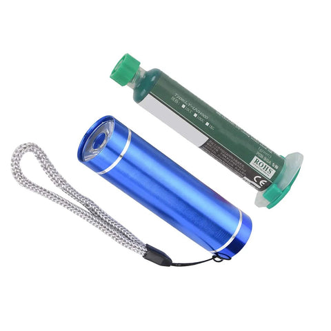 Blue UV curing lamp and green solder mask kit from BGA Reball Stencil Solder Mask Kit With UV Curing Lamp For PCB Repair And Prototyping Boards Solder Mat And Pad Mask Tools DIY Friendly Easy Cut Stencils For Precise Reballing Local Chip Damage Repair Complete Tool Kit