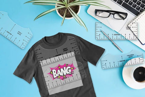 Heat Press Pillow Kit With Four Mat Sizes And Five Rulers For Vinyl And Sublimation Transfers showing ruler alignment on T-shirt