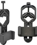 Universal Smartphone Telescope Adapter Mount, adjustable 55mm to 85mm width, shown from front and side views.