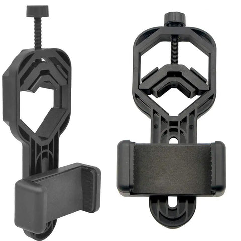 Universal Smartphone Telescope Adapter Mount, adjustable 55mm to 85mm width, shown from front and side views.