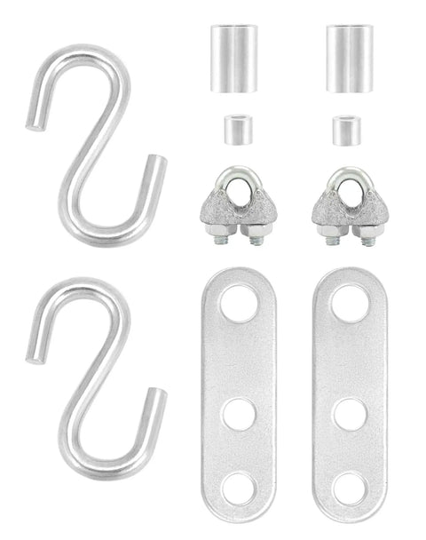 Heavy Duty Garage Door Cable And Pulley Replacement Kit With Two 3 Inch Stationary Pulleys And Two Galvanized Aircraft Cables 3/32 Inch And 1/8 Inch Diameter Plus 10 Fasteners Rust Resistant Steel For Overhead Sectional Doors showing metal fasteners, hooks, and clamps.