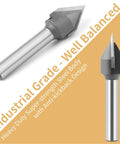 Built Like A Tank 60 Degree V Groove Router Bit With Premium Carbide Tipped Cutters And 1/4 Inch Shank, showing anti-kickback design.