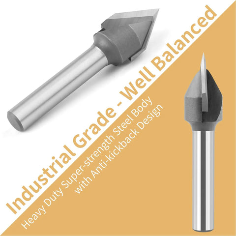 Built Like A Tank 60 Degree V Groove Router Bit With Premium Carbide Tipped Cutters And 1/4 Inch Shank, showing anti-kickback design.