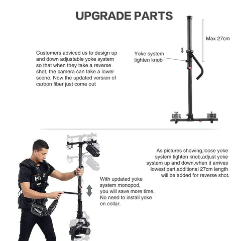 Thanos Pro II Vest Stabilizer And Axis System with yoke, user demonstrates upright position, no arm fatigue support for RS models.