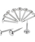 Kick Your Home Decor Up A Notch With These Legit Tough Vintage Silver Upholstery Nails 100 Piece Zinc Alloy Furniture Tacks Smooth Finish For DIY Crafts And Upcycling Projects, showing silver zinc tacks arranged in a circle.