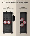 Comparison showing wider platform of Slim 3 Tier Rolling Storage Cart On Wheels For Narrow Spaces Ideal For Bathroom Kitchen Laundry Room Black Space Saver Organizer With Easy Glide Wheels holding 12 cans versus others holding 9 cans.