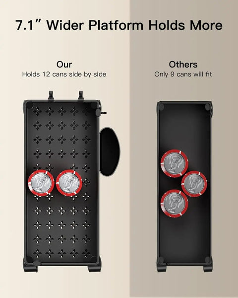 Comparison showing wider platform of Slim 3 Tier Rolling Storage Cart On Wheels For Narrow Spaces Ideal For Bathroom Kitchen Laundry Room Black Space Saver Organizer With Easy Glide Wheels holding 12 cans versus others holding 9 cans.
