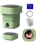 Ridiculously Compact Ten Liter Foldable Mini Washing Machine featuring three auto wash cycles in green with tub and parts.
