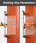 Door Lock Hole Opener Kit For Wood Doors And Mortise Jig Pro Grade Mortising Machine showing slotting size parameters
