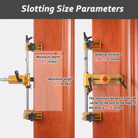 Door Lock Hole Opener Kit For Wood Doors And Mortise Jig Pro Grade Mortising Machine showing slotting size parameters