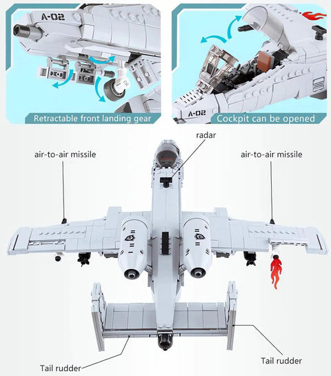 A10 Warthog Plane Building Toy Set With 961 Pieces For Adults And Teens Realistic Fighter Jet Building Blocks Air Force Model Kit STEM Education Gift Durable Brick Construction And Collectible Display, white A-10 model with open cockpit