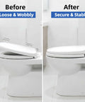 Visual comparison of toilet seat before and after using 4 Pack Toilet Seat Screws Replacement Kit With Nuts And Washers For A No Fuss Quick Fix And Easy Install Of Loose Seats Plastic Bolts Universal Top Mount Fasteners For Secure Seating, showing a loose seat on the left and a secure seat on the right.