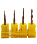 4pcs carbide milling cutters with yellow holders; brown spiral-fluted end mills