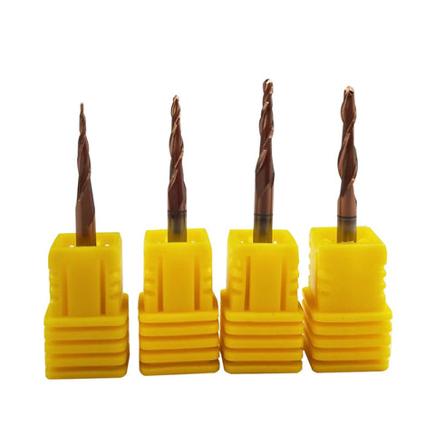 4pcs carbide milling cutters with yellow holders; brown spiral-fluted end mills