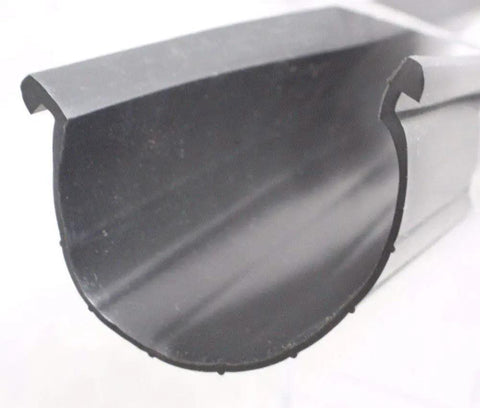 Heavy Duty Garage Door Bottom Seal Strip For Single Slot Channel Rubber Weather Seal 18 Foot Length Fits Doors With Single Channel Retainer Keeps Out Drafts And Dust Easy Install, close-up view of black vinyl material, curved design