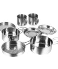 8 Piece Portable Stainless Steel Camping Cookware Set With Fire Resistant Pots And Bowls displayed on a white background.