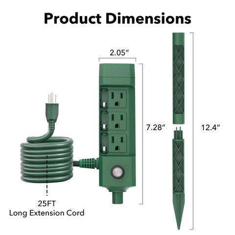 Dang Tough Outdoor Power Stake Timer With 25 Foot Hella Waterproof Extension Cord, Photocell Dusk To Dawn Sensor, Six Grounded Outlets for String Lights and Outdoor Gatherings dimensions display.