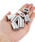 Heavy Duty 50 Pack Aluminum Crimping Loop Sleeves For One Quarter Inch Wire Rope And Cable Double Hole Gritted Ferrule Sleeves For Secure Ends DIY Rigging And Cable Work, aluminum sleeves in hand