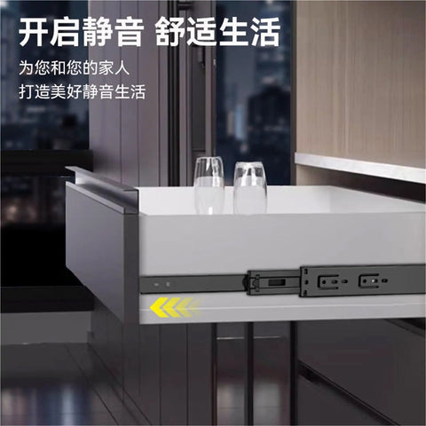 Wide Buffer 14 Inch Three Section Drawer Slides With Hydraulic Damping Full Extension Beefy Steel Ball Bearing Rails