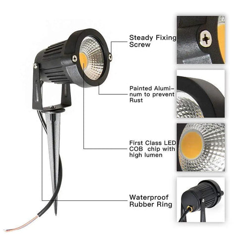 6 Pack Low Voltage Outdoor Landscape Lights 6W LED Spotlight Kit 12V 24V Waterproof Warm White Garden Lawn Yard Pathway Lighting With Easy Install For Patio Walkways And Outdoor Decor, detailed image with spotlight features.