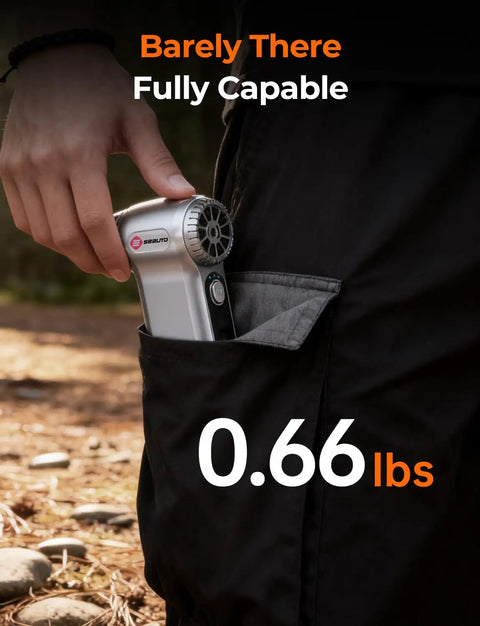 Person placing Beast Mode 180000 RPM Cordless Air Duster with 3 Speed Settings into pocket outdoors