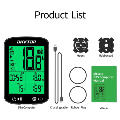 GPS Bike Computer With Wireless Data Sync And Green Auto Backlight 2.4 Inch LCD Screen Speedometer Odometer IPX7 view with accessories