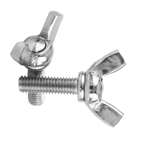 Close-up of two Five Pack M5 Wing Screws 304 Stainless Steel Butterfly Bolts, marine grade, 12mm length, rust resistant, machine thread.