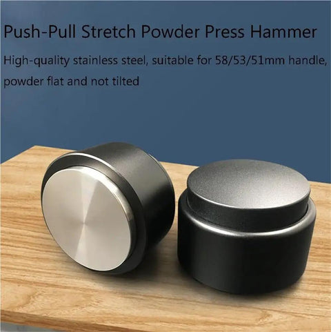 Real Deal Espresso Coffee Distributor With Quick Rebound Action And Durable Stainless Steel Build For No Sweat Manual Tamping, flat powder press hammer on wood.