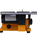 Front view of Dope 4 Inch Mini Table Saw Portable Miter Bench, 90W Power Cutter with measurement guide.