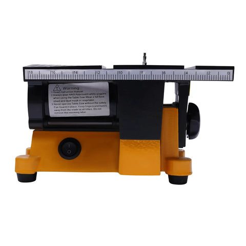 Front view of Dope 4 Inch Mini Table Saw Portable Miter Bench, 90W Power Cutter with measurement guide.