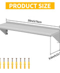 Product size diagram of Two Pack Top Tier Wall Mounted Floating Shelves Crafted From Brushed Stainless Steel with brackets.