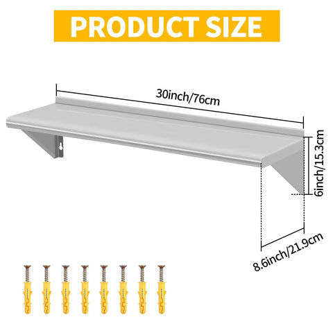Product size diagram of Two Pack Top Tier Wall Mounted Floating Shelves Crafted From Brushed Stainless Steel with brackets.
