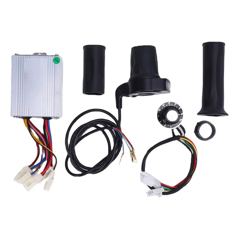 500W Brushed Motor Speed Controller Kit With Aluminum Alloy Throttle Grip Set For Electric Bikes Trikes And Motorcycles 12V Compatible Easy Install Today, showing controller, wires, and grips, laid out.