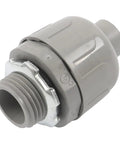 Half Inch Npt Conduit Connectors, gray steel blend with threaded end for snap together setup in electrical wiring.