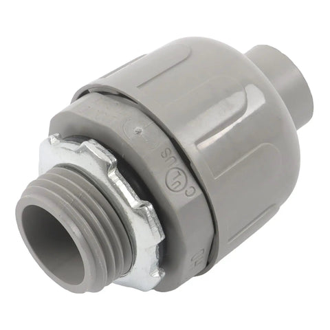 Half Inch Npt Conduit Connectors, gray steel blend with threaded end for snap together setup in electrical wiring.