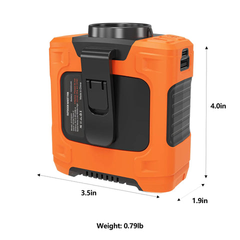 Orange Waist Clip Fan With 10000mAh Battery, Rechargeable Belt Clip Cooler Delivers 24 Hour Runtime, side view with dimensions