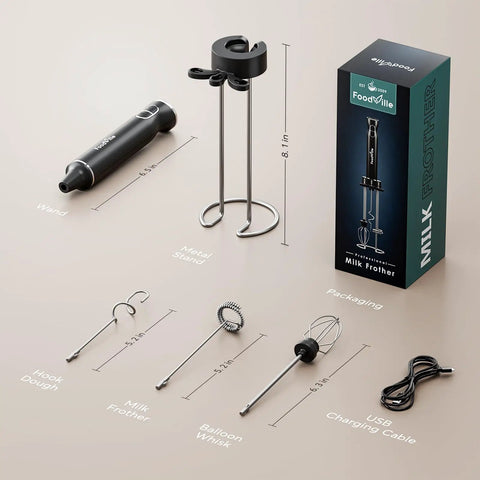 Rechargeable Milk Frother for Home Baristas With 1800mAh Battery, 9 Speeds And 3 Whisk Attachments, LED Display, Storage Stand