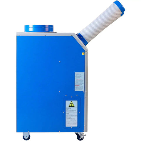 Heavy Duty Portable Air Conditioner Smashes Summer Heat With 13200 BTU Cooling For Up To 355 Sq Ft Rooms, blue metal housing.